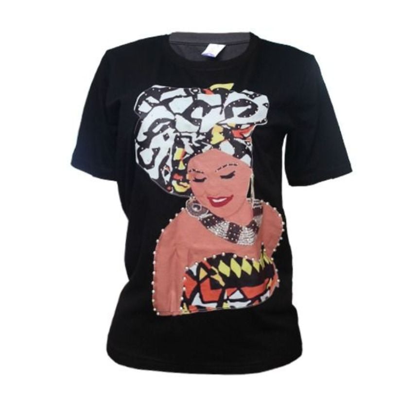 Joy of the Homeland(Black Tee with Colorful Lady in Head Wrap) - L image