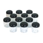 Set Of 12 Clear Plastic Jars & Black Lids – 4oz.