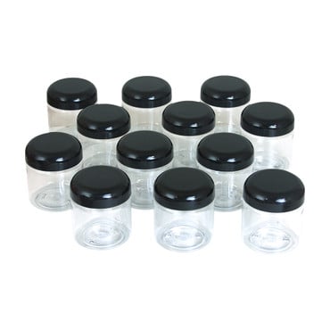 Set Of 12 Clear Plastic Jars & Black Lids – 4oz.