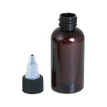 Set Of 12 Plastic Amber Bottles & Liquid Dispensing Cap – 2 oz.