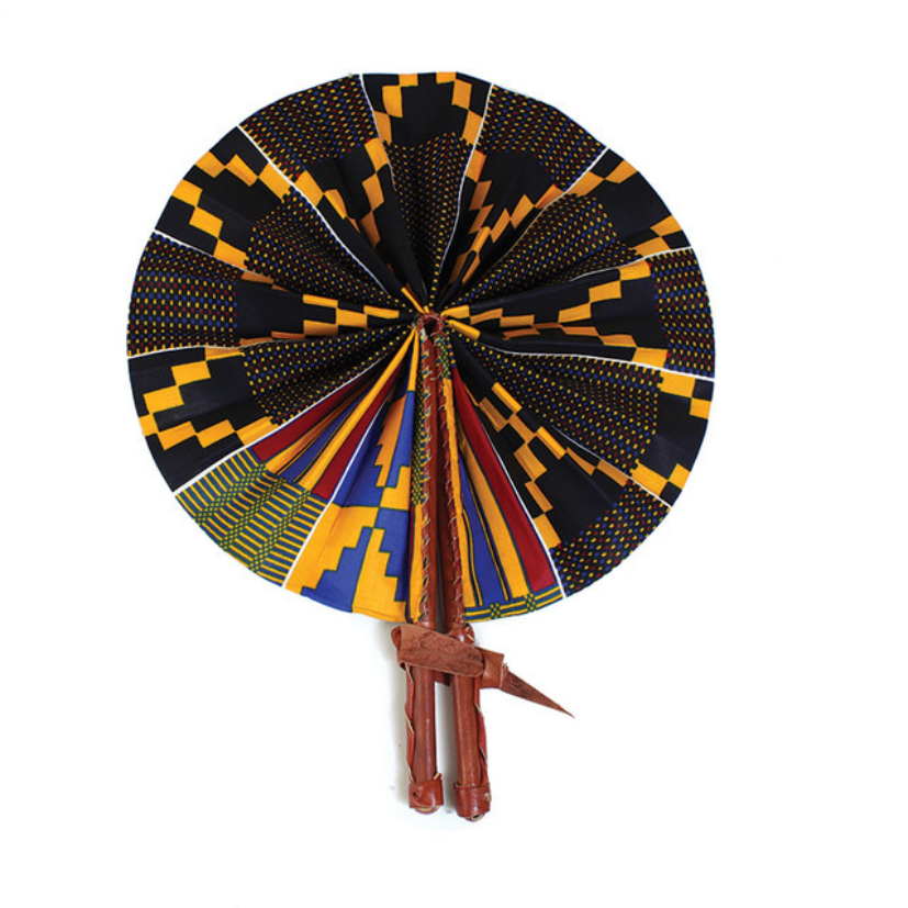 BLACK/BLUE KENTE LEATHER FOLDING FAN (1.76LBS)