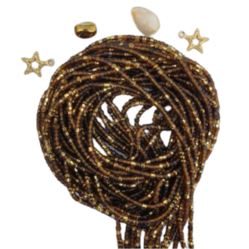WAIST BEADS IN WARM TONES OF BROWN AND GOLD HAND MADE IN GHANA