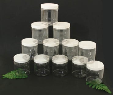 Set Of 12 Clear Plastic Jars/Caps – 8oz.