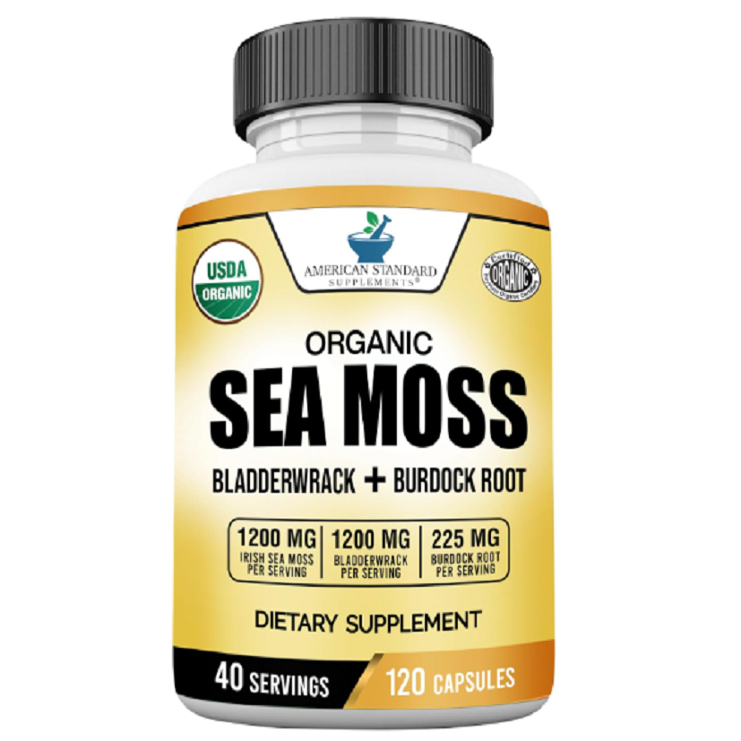 American Standard Supplements Organic Sea Moss, Bladderwrack & Burdock Root Capsules – 1200mg Seamoss, 1200mg Bladderwrack, 225mg Burdock Root Per Serving – 120 Capsules, 40 Servings